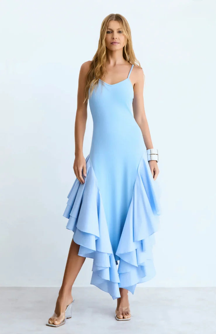 Baby Blue Voluminous Asymmetric Hem Midi Dress with Spaghetti Straps