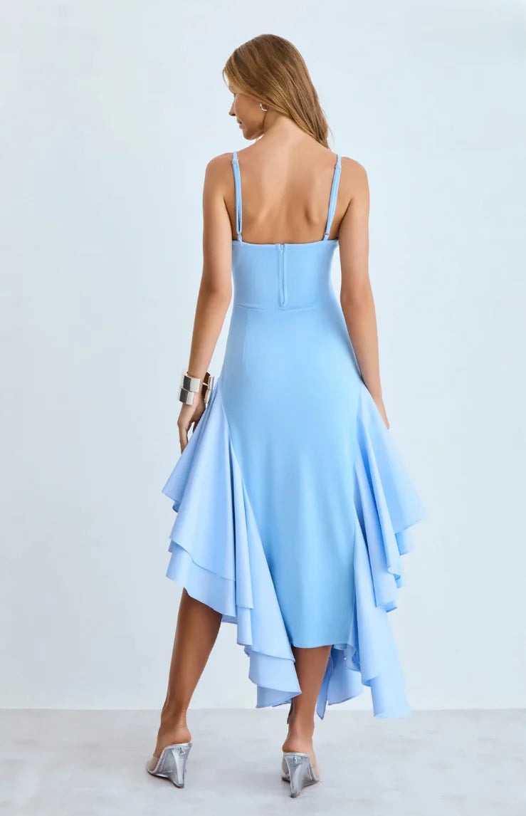 Baby Blue Voluminous Asymmetric Hem Midi Dress with Spaghetti Straps