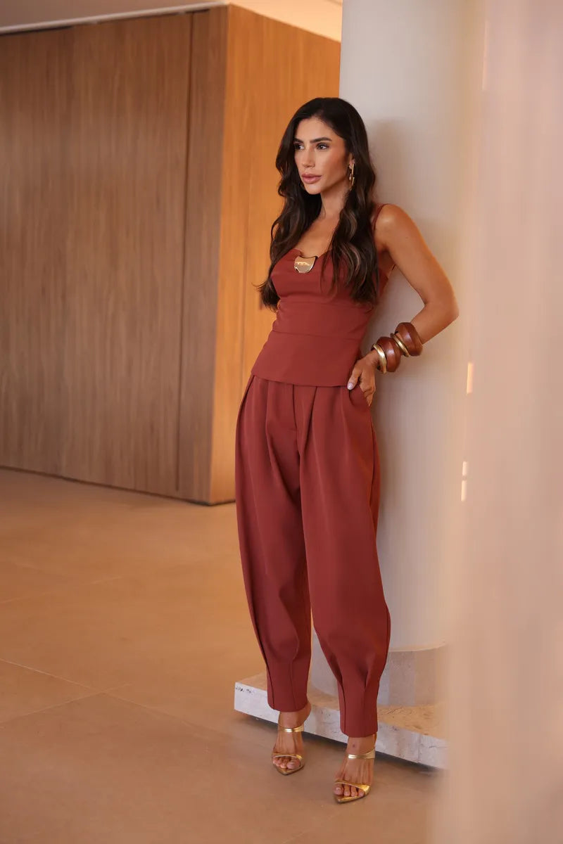 Donatela Aladin Pants Terracota Set with Brooch
