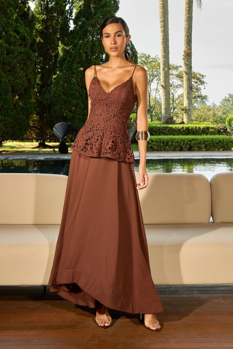 Teresa Lace Midi Dress Brown Regina Salomão