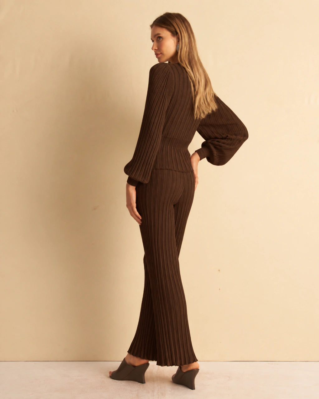 Nicole Twist Front Ribbed Knit Blouse Brown