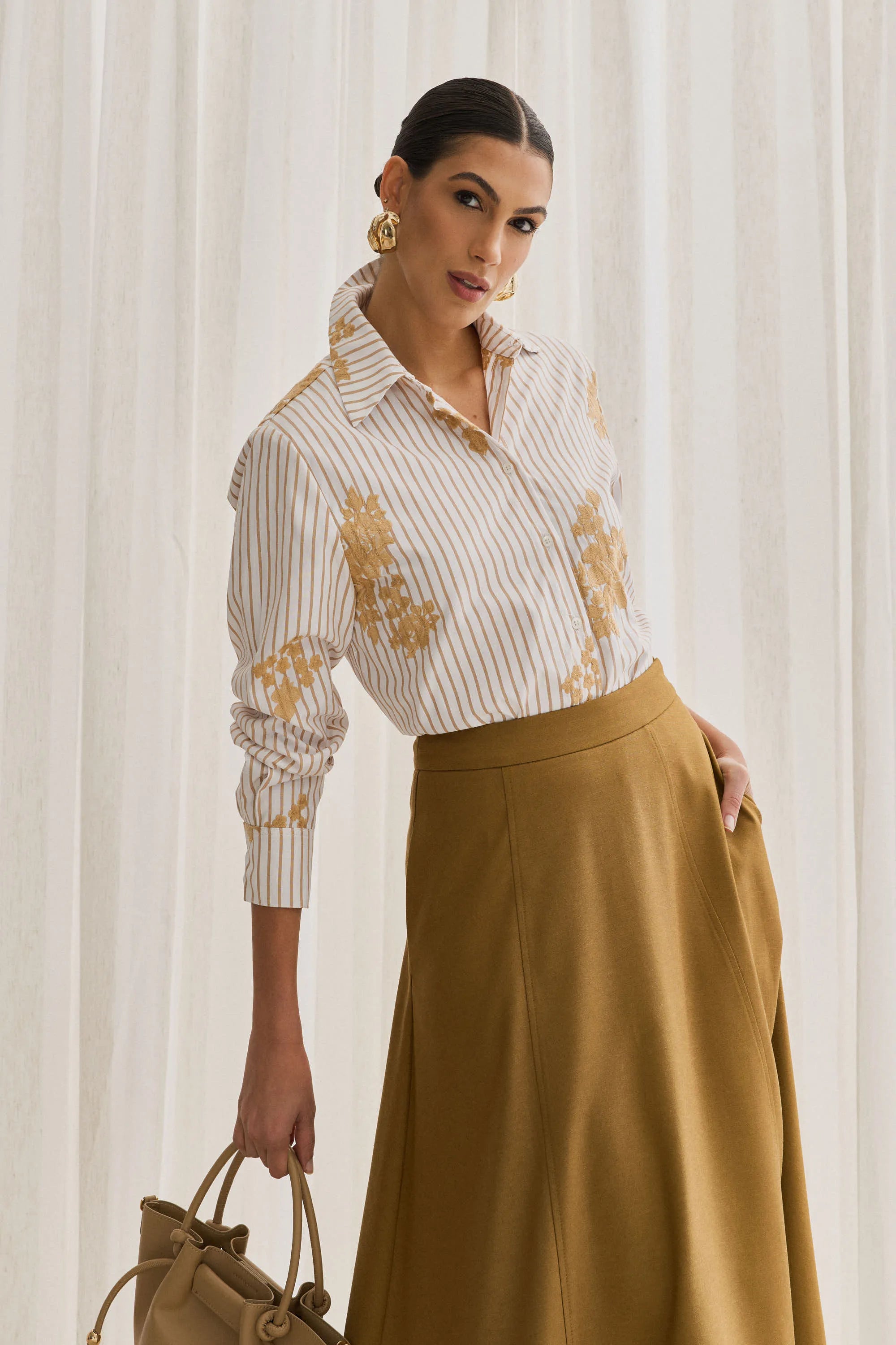 Embroidered Striped Poplin Shirt Yellow