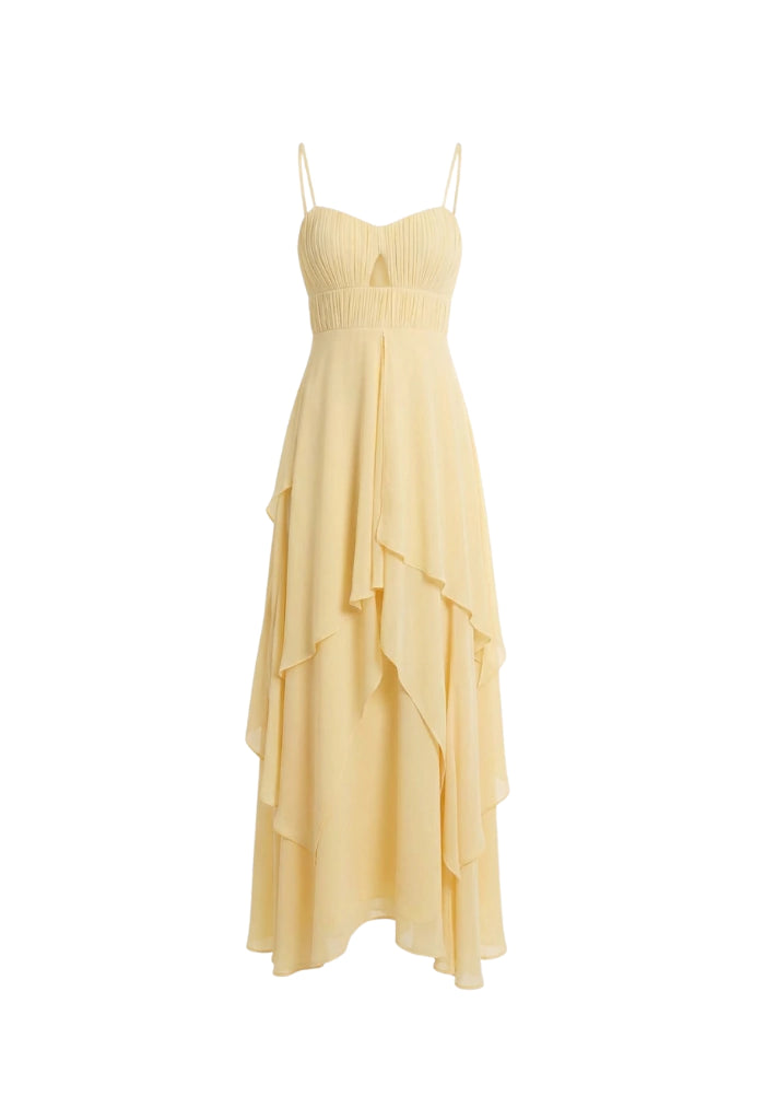 Midi Dress with Adjustable Spaghetti Straps and Ruched Bust